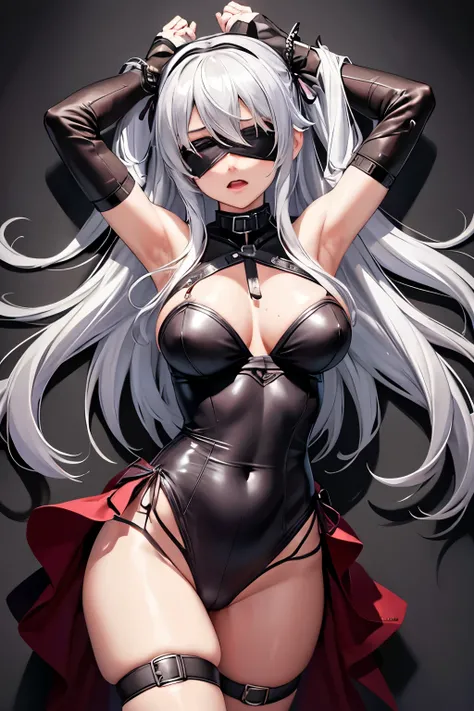 （（（highest quality、Masterpiece、Normal body、8k、Detailed face、Ultra-precision、Normal hand、Normal finger、５Finger、supreme）））beautiful girl、Silver Hair、Torn and tattered fishnet stockings、Blindfold、hands tied behind the back、Bondage、Constraints、bondage、handcuff...