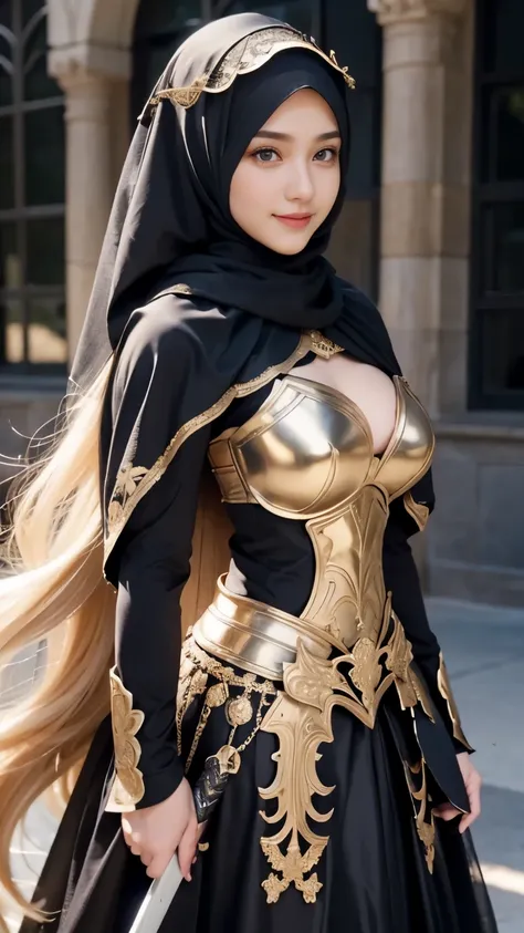 model shoot, (1 girl), long hair, blonde hair, islamic warrior,silver hijab, golden black outfit, laces, shining:1.5, hyper real...