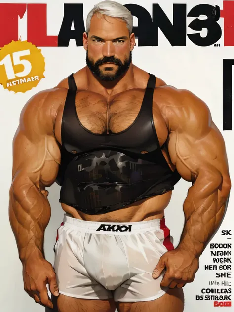 (magazine cover), with text, solo, 1boy, (Huge Muscular Old man as a boxer , wearing shorts, and tank top) (short hair, 2tone hair color, two tone hair colors, red and white hair color), pectoral, abnormal muscle size, very big muscle, absurdly muscle size...