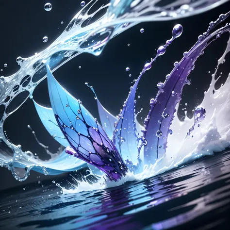 blue and purple water drops flying around, without a human