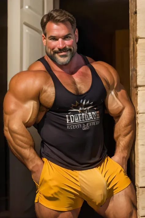 (handsome mature man), (50 yo), white man, wearing a tank top and sport shorts, bulge, (beefy:1.3), beard, looking at viewer, beautiful man, detailed eyes, symmetric face, smirk, robust, greying hair