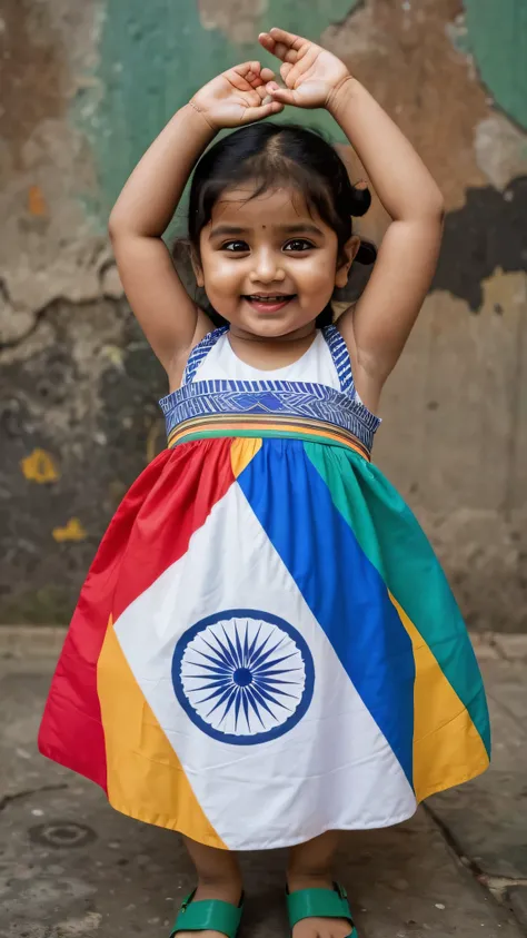 cute smiling indian baby with dress made of indian flag, background indian flag, detailed , 4k realistic 3D photo 