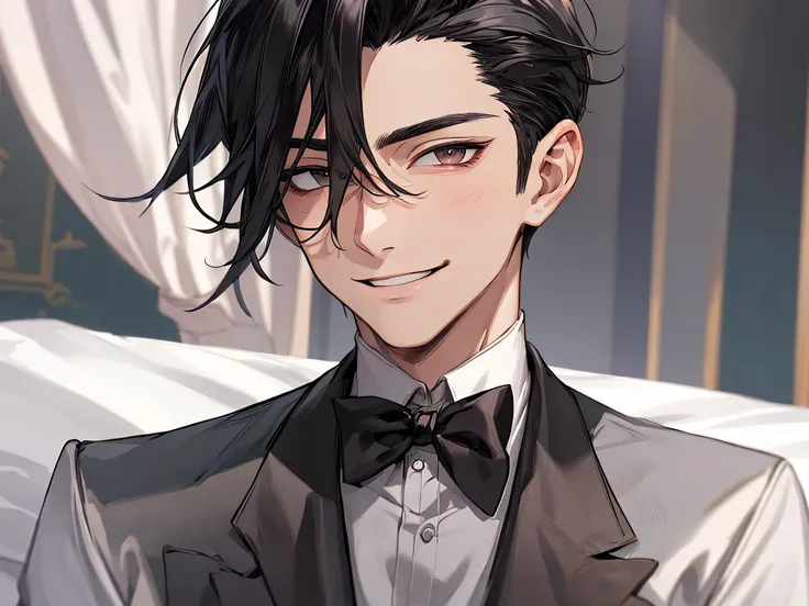 Butler.,one person,30th Generation,male,Black-haired,Short Hair,Upper Body,Black suit,hair slicked back,,A bow tie,Face close-up,Horny,Smiling yandere atmosphere,Hotel room bed、night