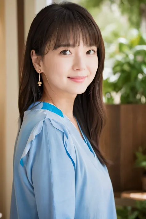 portrait, 8K, high quality, realistic photo image, Japanese woman, 40 years old, neat and clean wife, housewife, lovely wife, small breasts, very thin waist, reproduce natural and realistic eyes, cute face, detailed face, smile, beautiful black hair, octan...