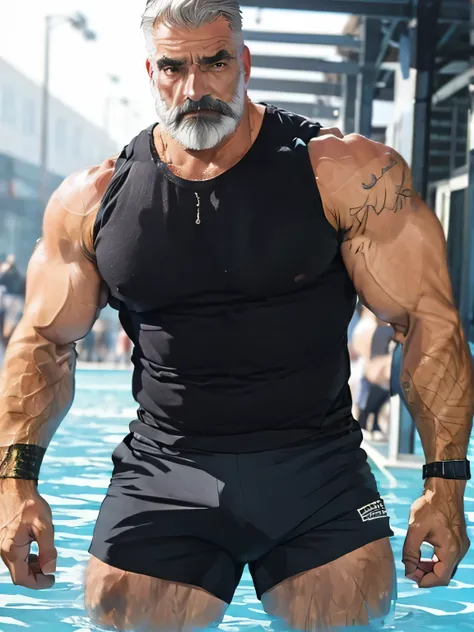 (magazine cover), with text, solo, 1boy, (Huge Muscular Old man as a boxer , wearing shorts, and tank top) (short hair, 2tone hair color, two tone hair colors, black and white hair color), pectoral, abnormal muscle size, very big muscle, absurdly muscle si...