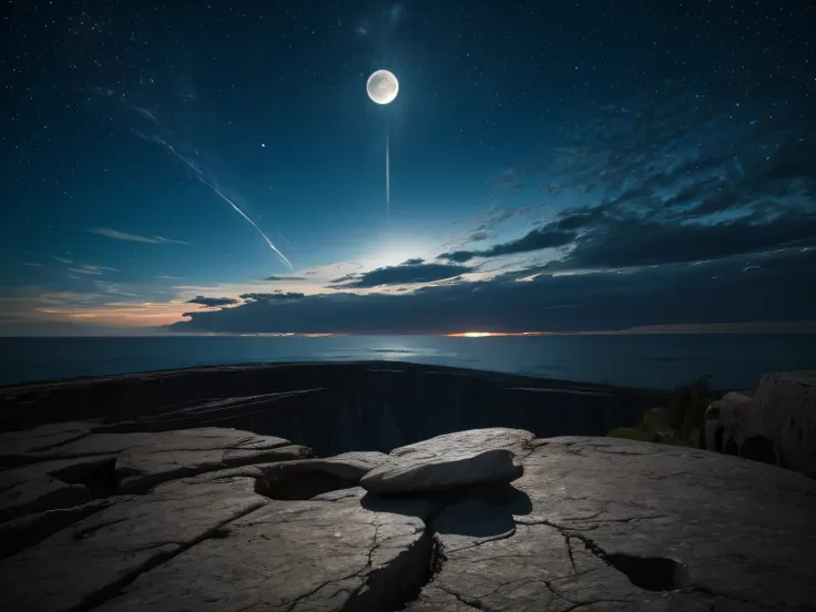 night background with full moon and a rock in the middle, hyperrealistic, masterpiece, small details, photorealistic, ultrareali...