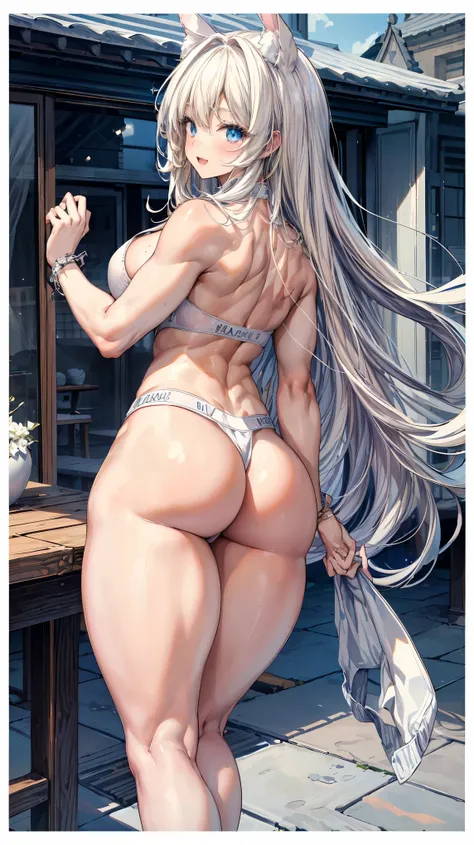 Super detailed、highest quality、Best image quality、masterpiece、8K、Anime Face、A kind smile、Open Mouth、Sparkling Blue Eyes、long blonde curly hair、(SFW huge body)、(((Rear view)))、Cowboy Shot、(Wearing a white thong:1.5)、Muscles of the whole body、M-shaped legs、p...