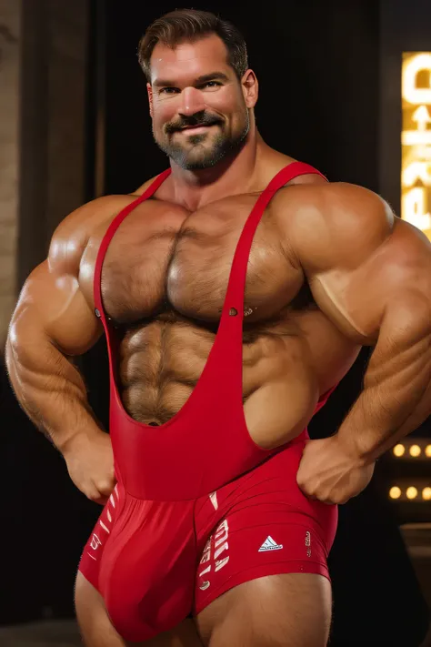 (handsome mature man), (50 yo), white man, wearing a wrestling singlet, bulge, (beefy:1.3), beard, looking at viewer, beautiful man, detailed eyes, symmetric face, smirk, robust, greying hair