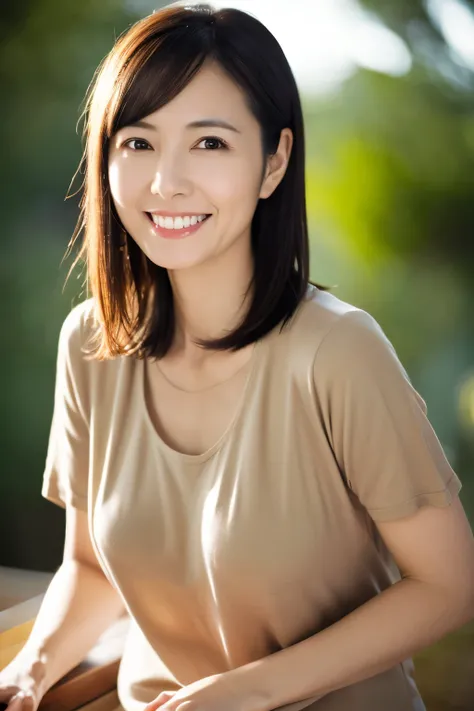 portrait, 8K, high quality, realistic photo image, Japanese woman, 40 years old, neat and clean wife, housewife, lovely wife, small breasts, very thin waist, reproduce natural and realistic eyes, cute face, detailed face, smile, beautiful black hair, octan...