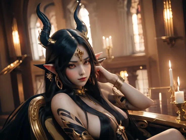 There is a beautiful demon girl with long black hair elegant horns red eyes and pointy ears with golden earrings dressed in gorgeous sexy black dres with golden juwlery sitting on the demonic throne in sexy pose, great quality anime art, illustration, high...