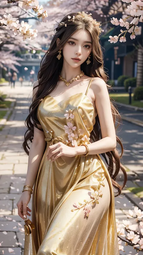 4k, ultra hd, masterpiece, 1 girl, (good face:1.4), detailed eyes, very long hair, princess dress, (golden dress:1.5), ((loops:1...