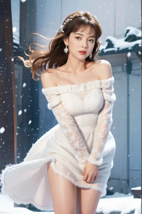 masterpiece、quality、Super detailed、Marilyn Tagg ， Focus on the thighs and above，clear face，（Best quality at best）， beautiful girl：1.5、(Red fluffy off-shoulder dress style)，long hair fluttering，Snowflake earrings、snowflakes falling、Vague、snow world