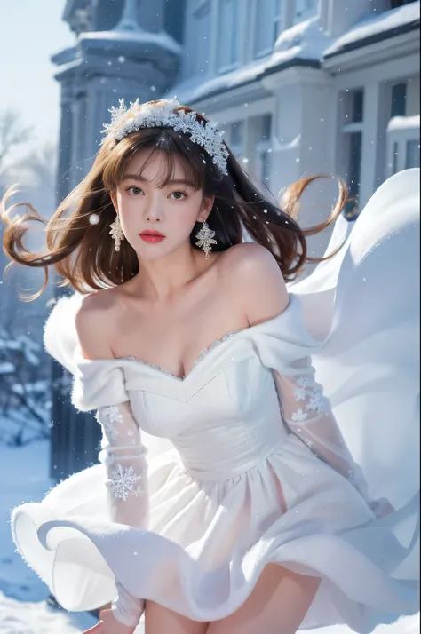 masterpiece、quality、Super detailed、Marilyn Tagg ， Focus on the thighs and above，clear face，（Best quality at best）， beautiful girl：1.5、(Red fluffy off-shoulder dress style)，long hair fluttering，Snowflake earrings、snowflakes falling、Vague、snow world