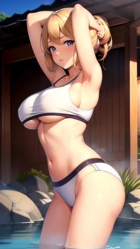 (masterpiece, best quality:1.2), 1girl, solo, white skinned,gym clothes,in hot spring,Onsen,underboob,running