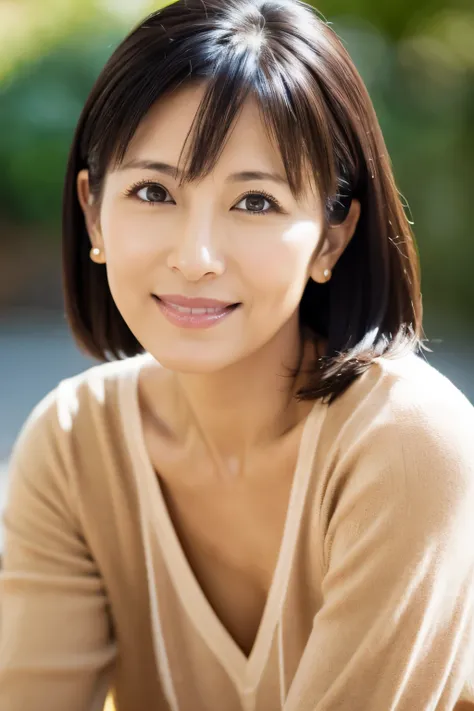 portrait, 8K, high quality, realistic photo image, Japanese woman, 40 years old, neat and clean wife, housewife, lovely wife, small breasts, very thin waist, reproduce natural and realistic eyes, cute face, detailed face, smile, beautiful black hair, octan...