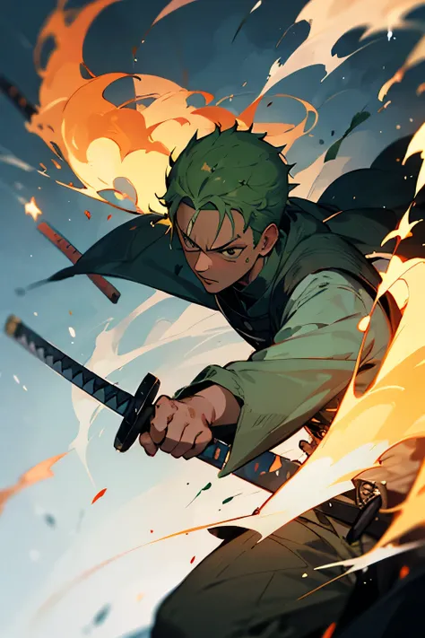 zoro with 3 sword, and fire