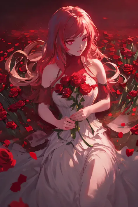 Aster piece inspired by red roses, ((highest quality)), High resolution, 8k, Cinematic Light, High Contrast, Written boundary depth, Strong brilliance, Detailed Background, One Girl, cute, fine grain, Shining Eyes, Detailed Iris,