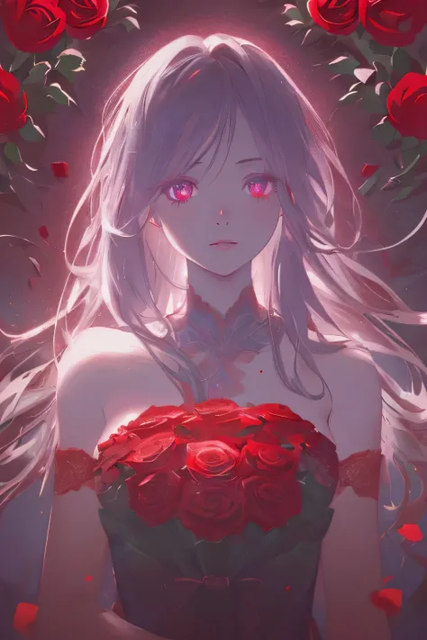 Aster piece inspired by red roses, ((highest quality)), High resolution, 8k, Cinematic Light, High Contrast, Written boundary depth, Strong brilliance, Detailed Background, One Girl, cute, fine grain, Shining Eyes, Detailed Iris,