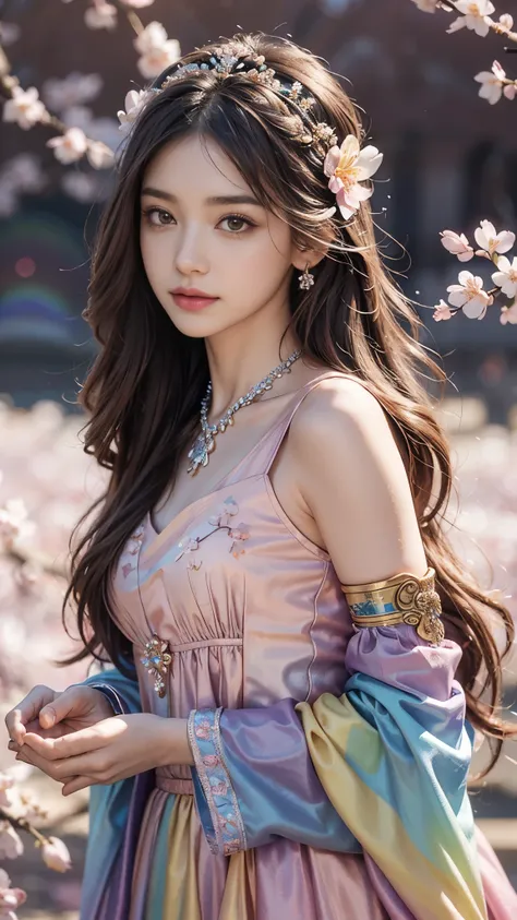 4K, Ultra HD, Masterpiece, 1 girl, (good face:1.4), detailed eyes, very long hair, princess dress, (rainbow dress:1.5), ((loops:1.4)), (jwellery:1.5), (cherry blossom:1.5), (bloom effect:1.5), Detailed Fantasy Art, Stunning Character Art, beautiful Exquisi...