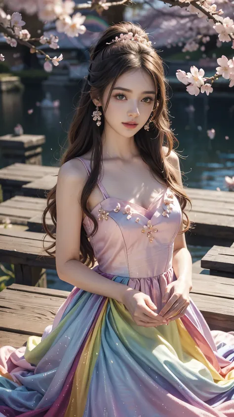 4K, Ultra HD, Masterpiece, 1 girl, (good face:1.4), detailed eyes, very long hair, princess dress, (rainbow dress:1.5), ((loops:1.4)), (jwellery:1.5), (cherry blossom:1.5), (bloom effect:1.5), Detailed Fantasy Art, Stunning Character Art, beautiful Exquisi...