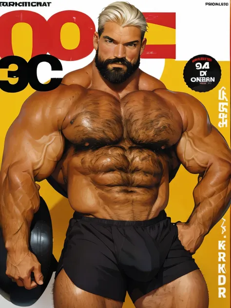 (magazine cover), with text, solo, 1boy, (Huge Muscular Old man as a boxer , wearing shorts, and tank top) (short hair, 2tone hair color, two tone hair colors, black and white hair color), pectoral, abnormal muscle size, very big muscle, absurdly muscle si...