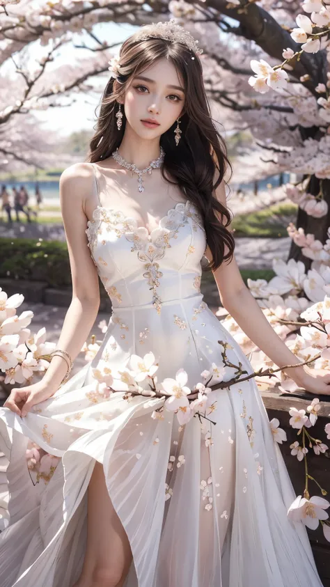 4K, Ultra HD, Masterpiece, 1 girl, (good face:1.4), detailed eyes, very long hair, princess dress, (white dress:1.5), ((loops:1.4)), (jwellery:1.5), (cherry blossom:1.5), (bloom effect:1.5), Detailed Fantasy Art, Stunning Character Art, beautiful Exquisite...