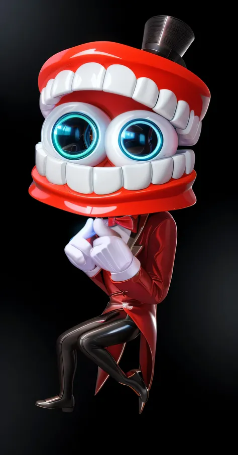 The image depicts a three-dimensional character with a large smile as a head, wearing a red suit and a top hat. The character has green eyes and is sitting on a chair. glossy texture, smooth 3d model, multiple light sources, rim light, sharp post effects r...