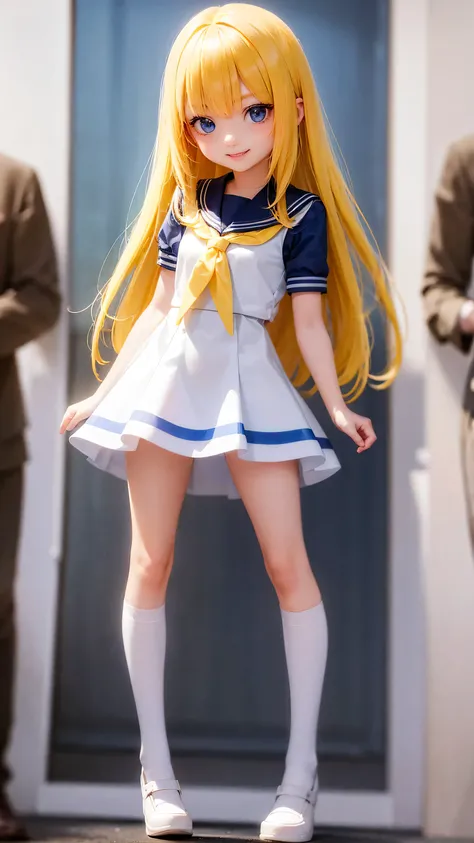 Very cute girl、11 years old、Bright yellow hair、Straight long hair、Bangs too close to the eyes、Bright Blue Eyes、(Normal ear)、Thin arms、Beautiful body、Thin legs、Big eyes、big, Shapely breasts,、Clear white skin、smile、(school uniform、white and blue uniform)、Ros...