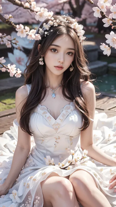 4K, Ultra HD, Masterpiece, 1 girl, (good face:1.4), detailed eyes, very long hair, princess dress, (white dress:1.5), ((loops:1.4)), (jwellery:1.5), (cherry blossom:1.5), (bloom effect:1.5), Detailed Fantasy Art, Stunning Character Art, beautiful Exquisite...