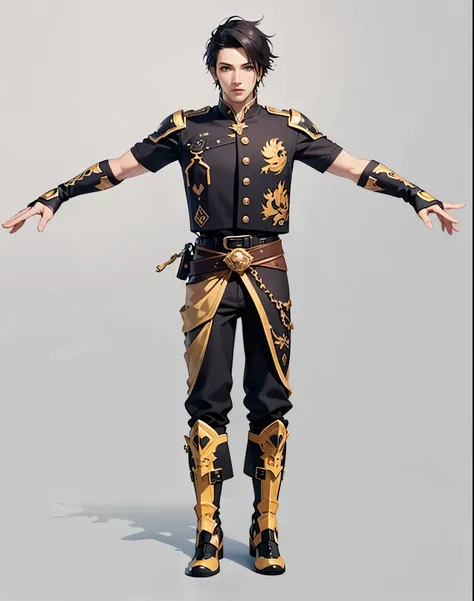 1 man, ultra realistic, high res, highly detail, masterpiece, best quality, game final fantasy design, full complex unique clothes, black outfit