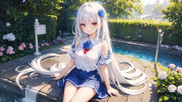 Very cute girl、(11 years old)、white hair、Long Straight Hair、Bangs are too close to the eye、Light red eyes、(Normal human ear)、Thin arms、Beautiful body、Slim legs、Shapely breasts、Transparent white skin、smile、(T-Shirtini skirt、White and blue)、I know the shape ...