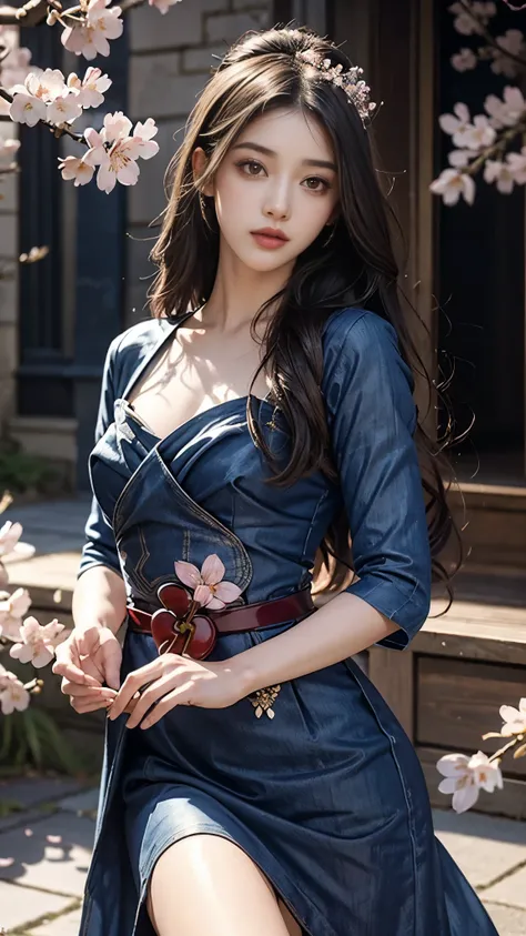 4K, Ultra HD, Masterpiece, 1 girl, (good face:1.4), detailed eyes, red lips, very long hair, princess dress, (indigo dress:1.5), ((loops:1.4)), (jwellery:1.5), (cherry blossom:1.5), (bloom effect:1.5), Detailed Fantasy Art, Stunning Character Art, beautifu...