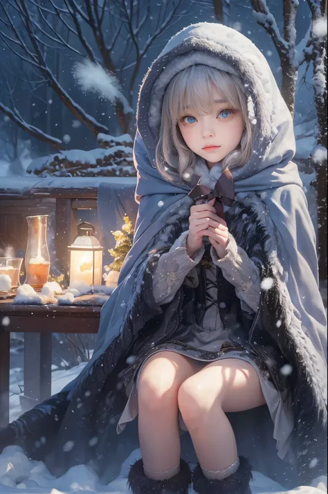 ((Works of masters))，(ultra high resolution)，1 girl,Glowing eyes，Tears of sadness， Sitting, Lolita costume，Cloak (Snow, Snow，Outdoor activities in winter:1.2),