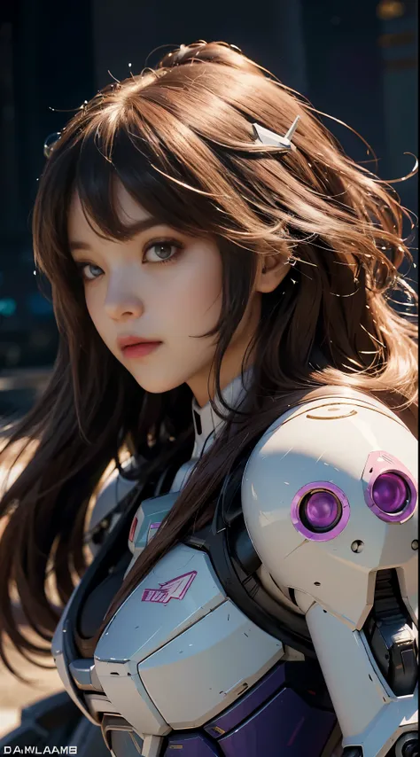 RAW, Masterpiece, Ultra Fine Photo,, Best Quality, Ultra High Resolution, Photorealistic, Sunlight, Full Body Portrait, Stunningly Beautiful,, Dynamic Poses, Delicate Face, Vibrant Eyes, (Side View) a close up of a woman in a pink and white gundam custume,...