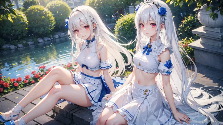 Very cute girl、(11 years old)、white hair、Long Straight Hair、Bangs are too close to the eye、Light red eyes、(Normal human ear)、Thin arms、Beautiful body、Slim legs、Shapely breasts、Transparent white skin、smile、(T-Shirtini skirt、White and blue)、I know the shape ...