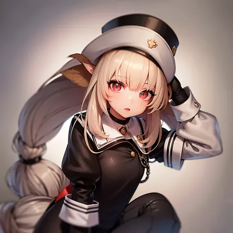 ilustrame una chica de cabello blanco largo, con uniforme y sombrero de capitan negros, ojos rojos y mirada seria y guantes negros