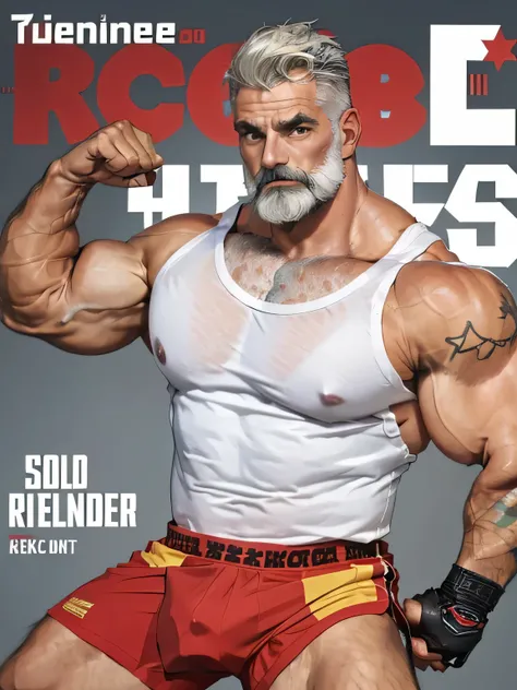 (magazine cover), with text, solo, 1boy, (Huge Muscular Old man as a boxer , wearing shorts, and tank top) (short hair, 2tone hair color, two tone hair colors, black and white hair color), pectoral, abnormal muscle size, very big muscle, legs open, absurdl...