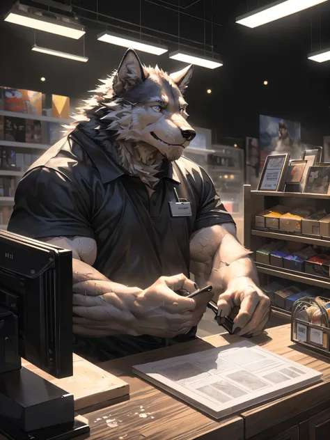 (best quality,4k,8k,highres,masterpiece:1.2),ultra-detailed,(realistic,photorealistic,photo-realistic:1.37),huge muscular wolf working as cashier,illustration,oil painting,black and white,sharp focus,professional,stark lighting,detailed fur texture,dark ba...