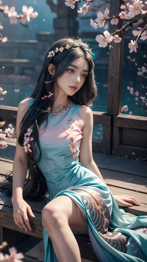 8K, Ultra HD, Masterpiece, 1 girl, (good face:1.4), detailed eyes, red lips, very long hair, princess dress, (gradient teal dress:1.5), ((sardine:1.4)), (jwellery:1.5), (cherry blossom:1.5), (bloom effect:1.5), Detailed Fantasy Art, Stunning Character Art,...