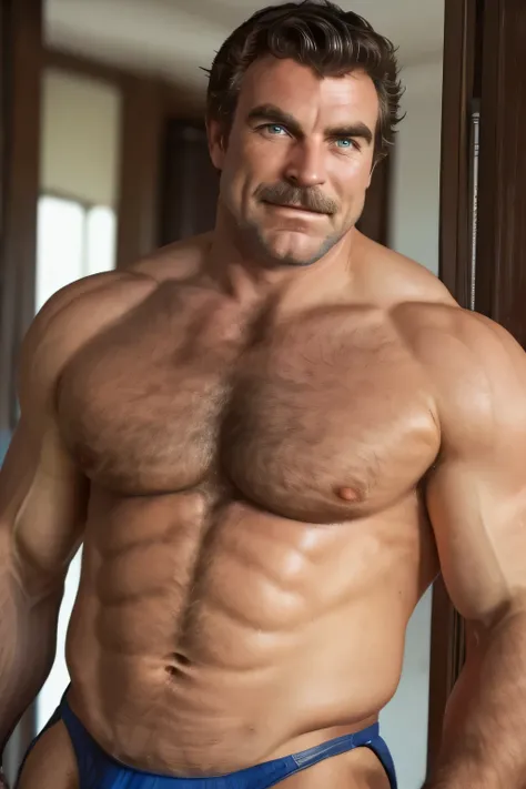 (handsome mature man), (50 yo), white man, wearing a speedo, bulge, (beefy:1.3), beard, looking at viewer, beautiful man, detailed eyes, symmetric face, smirk, robust, greying hair