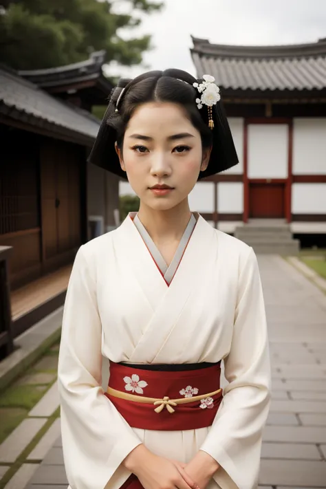 Kioto, 1934. A young ((((14-year-old)) Sayuri)), strikingly beautiful, delicate facial features, porcelain skin, expressive eyes, in the street, shy smile, ((((geisha clothings from the 1930s)))), ((geisha hairstyle of the 1930s)), colorful