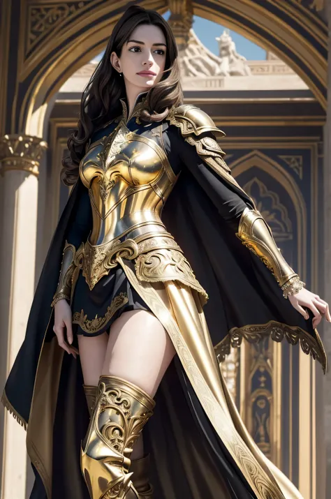 ((Anne Hathaway in ornate gold plate armor)), award winning concept art of tall (1girl) in ornate plate armor, royal, elegant, ((facing camera)), look at camera, eye contact, high long ponytail, dramatic long flowing hair, model on runway, epic, god rays, ...