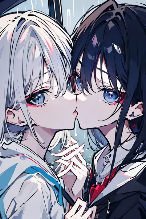 ((best quality)), ((masterpiece)), (detailed), perfect face high definition of anime couple kissing in the rain with umbrella in the background、Clean image quality、Perfect image quality、 highest quality、Perfect quality、Small eyes and small hands、