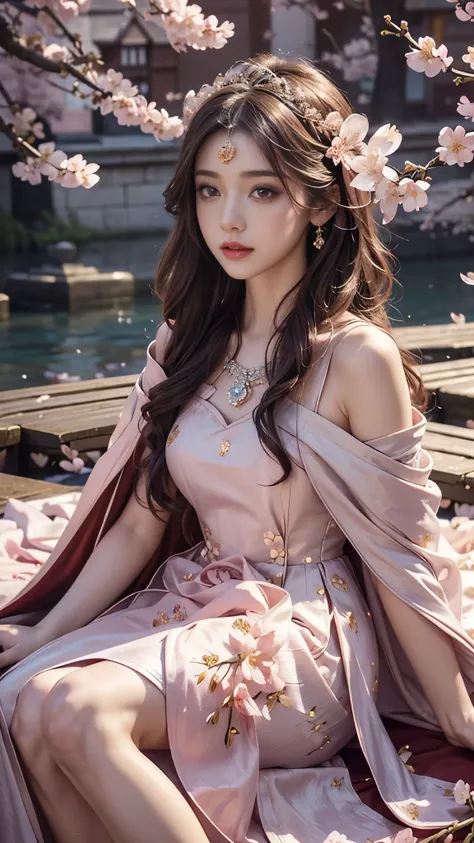 4K, Ultra HD, Masterpiece, 1 girl, (innocent face:1.4), detailed eyes, red lips, very long hair, princess dress, (lawa dress:1.5), ((flowing cape1.4)), (jwellery:1.5), (cherry blossom:1.5), (bloom effect:1.5), Detailed Fantasy Art, Stunning Character Art, ...