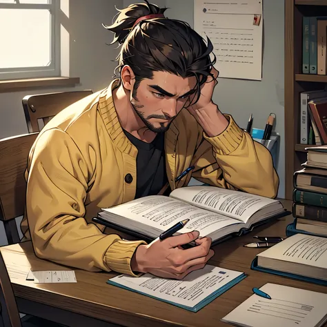 A student intently concentrates over a book spread out before him on a cluttered study table. The table is filled with an array of stationery: pens, pencils, highlighters, and sticky notes nestled amongst the textbooks, notebooks, and empty water bottles. ...