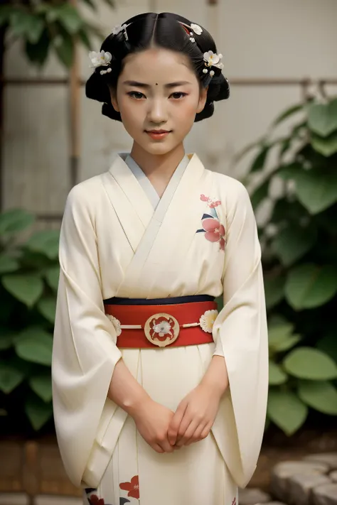 Kioto, 1934. A young ((((14-year-old)) Sayuri)), strikingly beautiful, delicate facial features, porcelain skin, expressive eyes, in a garden, ((shy smile)), ((((geisha clothings from the 1930s)))), ((geisha hairstyle of the 1930s)), colorful