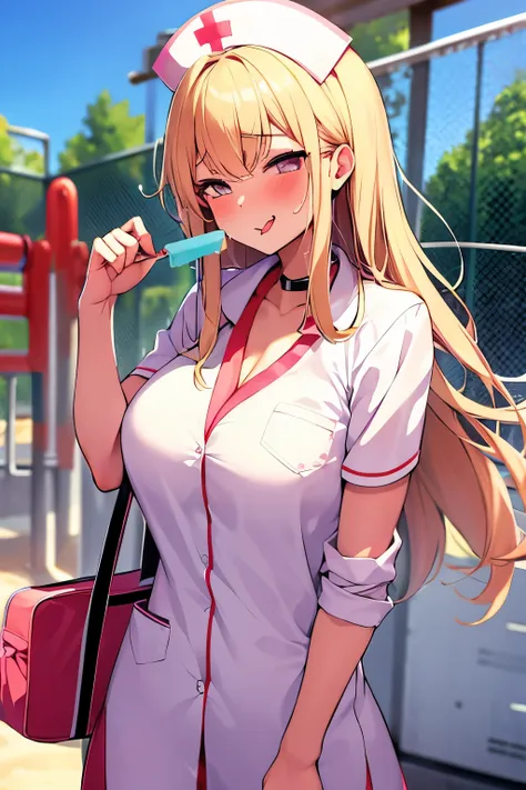 masterpiece,best quality,1girl,popsicle,popsicle_licking,blush,tongue, upper body,nurse suit,playground