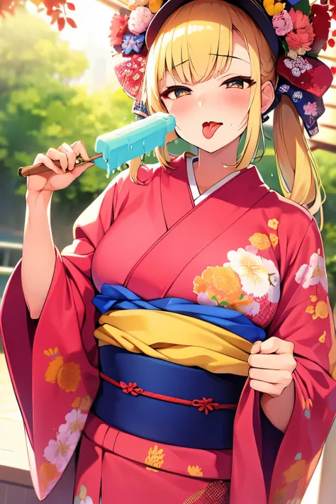 masterpiece,best quality,1girl,popsicle,popsicle_licking,blush,tongue, upper body,japanese clothes,kimono,cafe