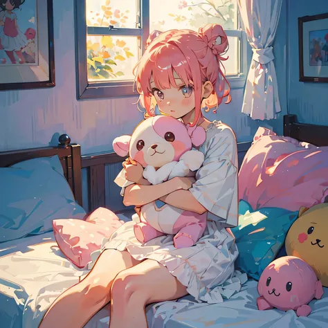 Cute like a dream、with paddle、masterpiece、highest quality、highest quality、Watercolor(curly)、Official Art、Beautiful and aesthetic:1.2)、(Beautiful girl:1.3)、Pattern Agent Curly Hair、Shoulder-length hair, ((short hair, hair bun)), Colorful hair:1.2)、Shine、col...