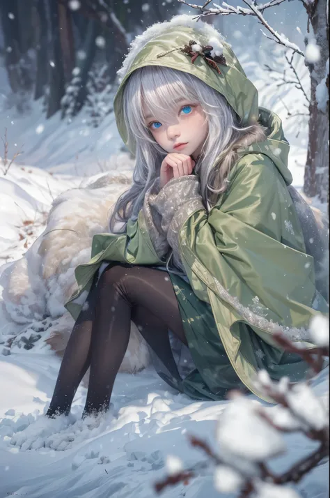 ((Works of masters))，(ultra high resolution)，1 girl,Glowing eyes，Tears of sadness， Sitting, Lolita costume，Cloak (Snow, Snow，Outdoor activities in winter:1.2),